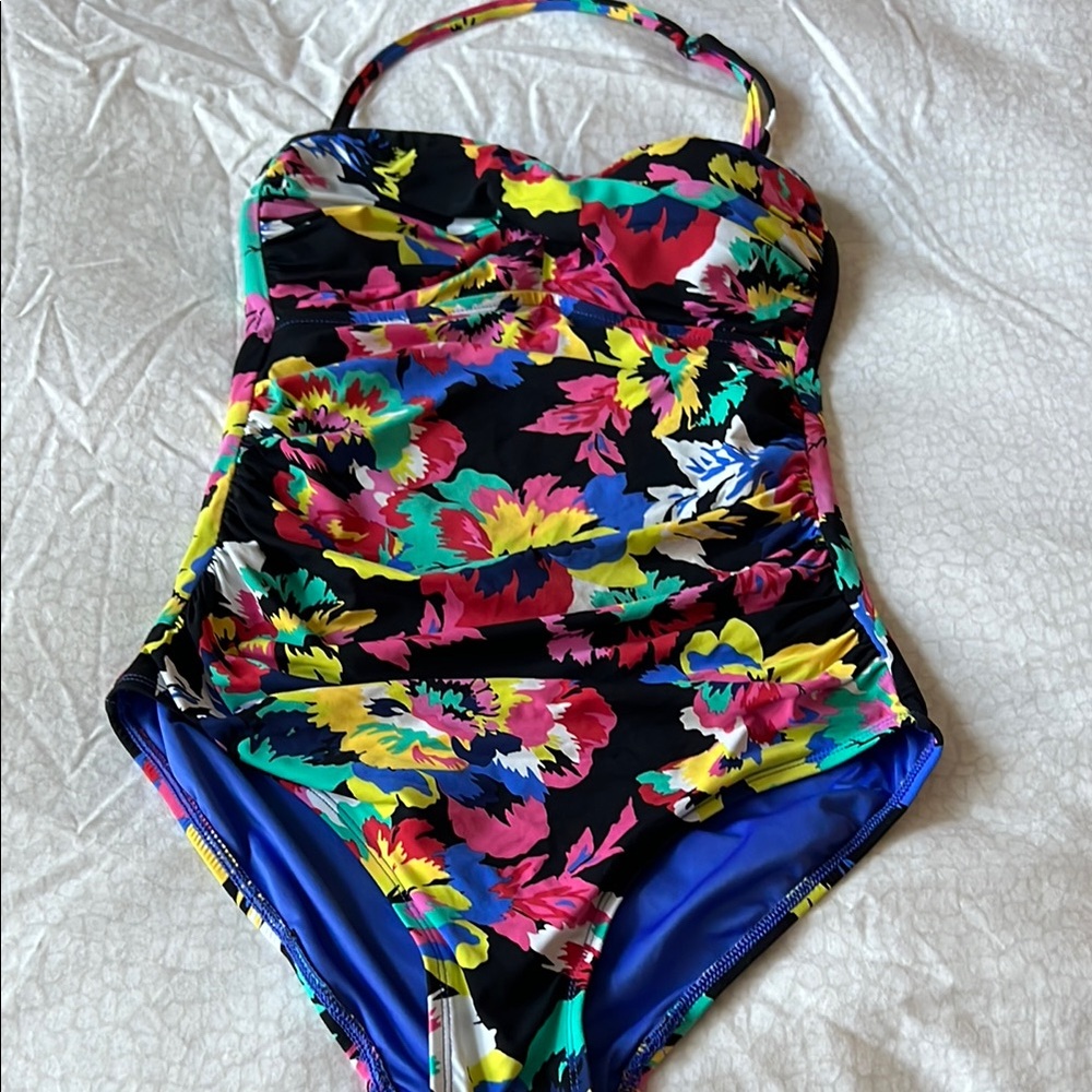 Anne Cole Black and Pink One Piece Swimsuit with Ruching